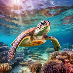 Fototapeta premium photo of Sea turtle in the Galapagos island. Tropical beach background underwater animal, photo of Sea turtle in the Galapagos island. Tropical beach background underwater animal