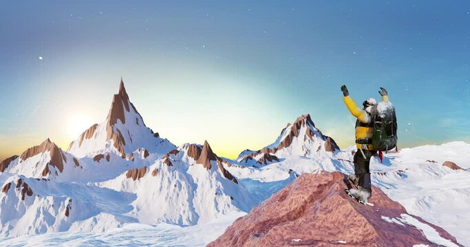 Summit Success: A Climber's Joyful Arm Raise in Honor of Goal Accomplishment. Concept 3D CG Animation.