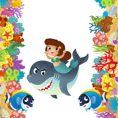 cartoon scene with coral reef and happy fishes swimming near mermaid princess isolated illustration for children