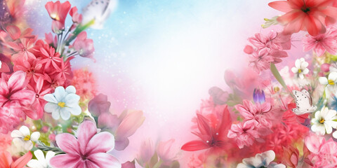 Fototapeta na wymiar Floral background banner or wallpaper, colorful spring flower mix