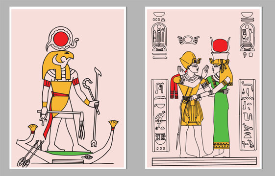 Ancient pharaoh Tutankhamen, queen Cleopatra (Nefertiti), god Horuse,gyptian symbols (hieroglyphs) on the background, Tempura design for print, canvas, poster.