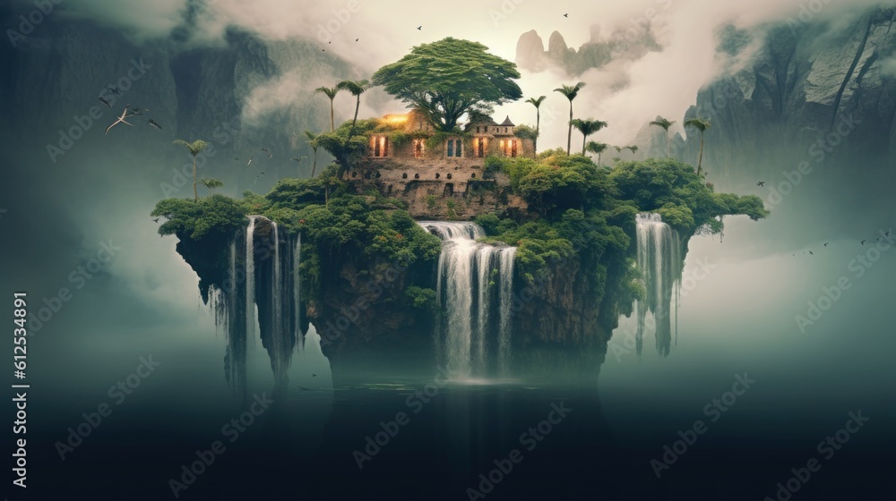 Poster a small island with a waterfall in the middle of it. generative ai image.
