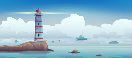 Fog over the sea, a lighthouse on a rock illuminating the bay. A ship sailing in the fog, thick clouds on the horizon, a rocky sea reef. Seascape of the coast. Vector cartoon illustration.