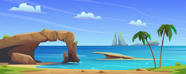 Tropical seascape, sea bay with a rock in the shape of an arch. Sandy shore, beach with palm trees, sandbar with a rock. Lagoon, atoll, abandoned bay, adventure, journey.Vector cartoon illustration.