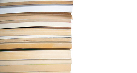 pile of books on white background. copy space fot text.