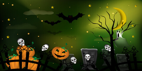 A cartoon scene in a cemetery with a fence for Halloween. Skulls on the fence, pumpkins and tombstones. Dark green mystical background with ghost, moon, stars and bats