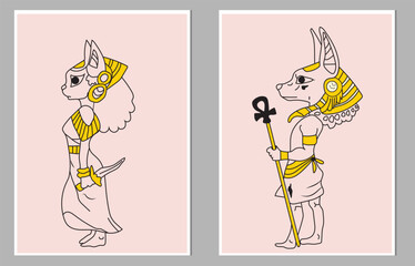 Anubis, Egyptian god of death, Bastet Egyptian god of fun, happiness and comfort in ancient Egypt, Continuous one line drawing, vector illustration.  Tempura design for print