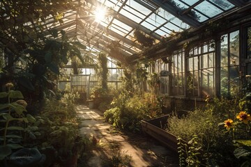 old greenhouse full of wild growing plants created with Generative AI technology