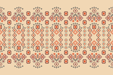 Ethnic geometric fabric pattern Cross Stitch.Ikat embroidery Ethnic oriental Pixel pattern brown cream background. Abstract,vector,illustration. Texture,frame,decoration,motifs,silk wallpaper.
