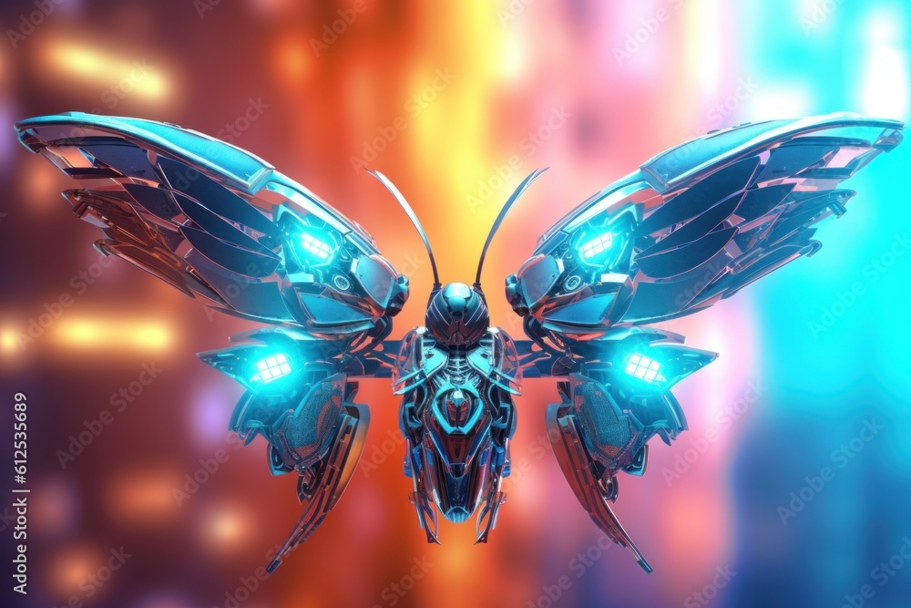 Poster a butterfly with glowing wings on a colorful background. generative ai image.