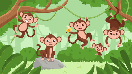 Fototapeta premium Cute monkeys in jungle vector concept