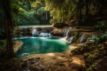 small waterfalls at a blue lagoon in the rainforest created with Generative AI technology