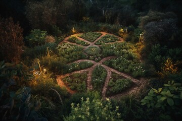 circular beds and paths in between form a pattern created with Generative AI technology