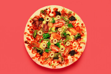Vegetable pizza on red background