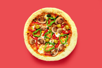 Vegetable pizza on red background