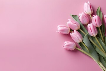 Beautiful composition spring flowers. Bouquet of pink tulips flowers on pastel pink background. Valentine's Day, Easter, Birthday, Happy Women's Day, Mother's Day. Flat lay, top view | Generative AI 