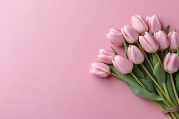 Beautiful composition spring flowers. Bouquet of pink tulips flowers on pastel pink background. Valentine's Day, Easter, Birthday, Happy Women's Day, Mother's Day. Flat lay, top view | Generative AI 