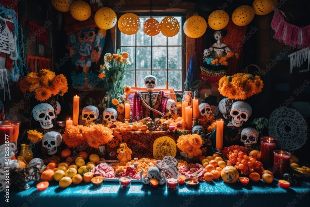 Poster a table topped with lots of skulls and oranges. generative ai image.