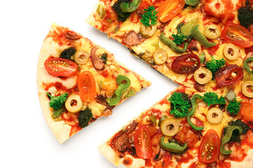 Sliced vegetable pizza on white background