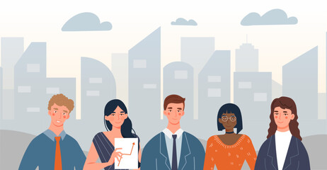 Business people at city landscape. Men and women stand on background of urban architecture. Colleagues and partners, entrepreneurs. Collaboration and cooperation. Cartoon flat vector illustration