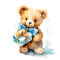 teddy presenting a gift smiling happy in watercolor design isolated against transparent