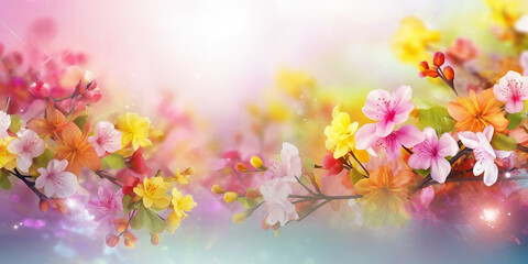 Floral background banner or wallpaper, colorful spring flower mix