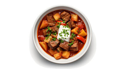  view of a goulash in a bowl with sour creme isolated against transparent