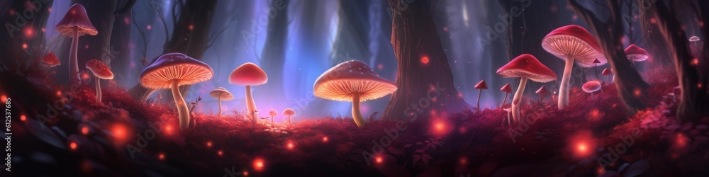 Poster a group of mushrooms that are standing in the grass. generative ai image.