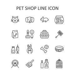 Pet shop flat line icon set. Cat, dog, hamster, fish, aquarium, toys, animal food, hygiene, carry, cage sign. Vector illustration.