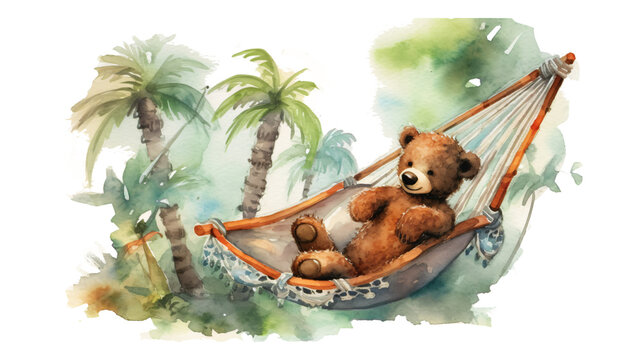  cute teddy bear relaxing in a hammock in watercolor design isolated on transparent background