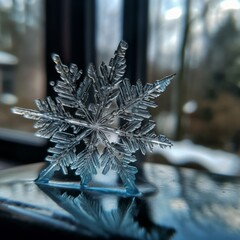 beautiful ice flower, close up of a snowflake created with Generative AI technology