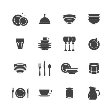 Dish glyph icon set. Vector collection of household utensils with plate, bowl, cup, glass, wineglass, fork, spoon, knife.