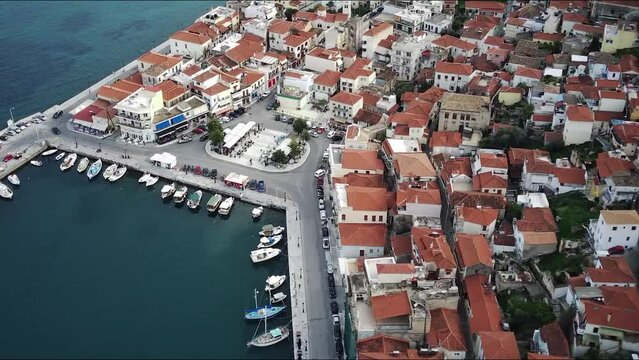 Drone view of the harbour of the city Gythio, Greece