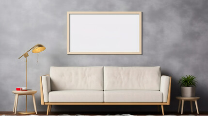 A living room with a couch and a lamp. Generative AI. Poster canvas mockup.