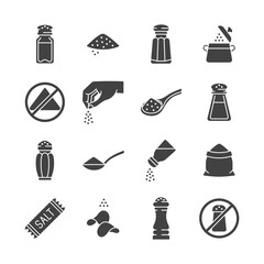 Salt glyph icon set. Vector collection with salt heap, shaker, salting hand, chips, food without sodium. - 612538245