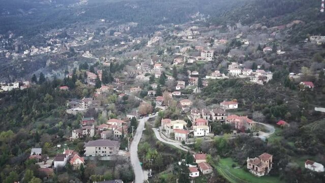 Aerial view of the historic Trikala Korinthias village in the rural mountains of Greece