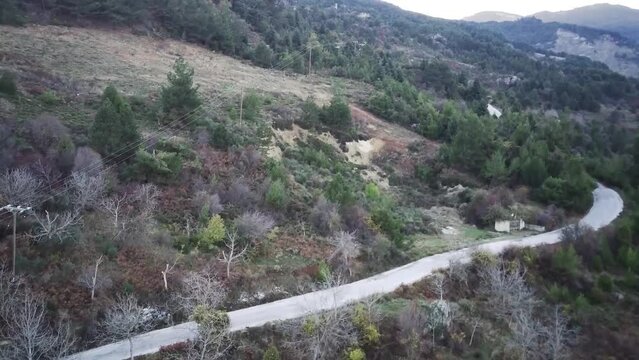 Aerial view of the historic Trikala Korinthias village in the rural mountains of Greece