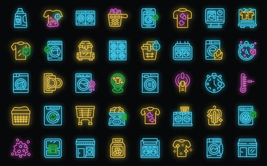 Laundromat icons set outline vector. Room service. Home washer neon color on black