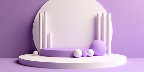 Round podium on light purple background. Lavender and lilac colors, monochromatic product stage, Generative AI.