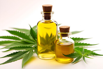 CBD cosmetics or medicine concept, cannabis leafs and oil in glass bottles isolated on white background, copy space. Generative AI 