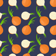 Sweet onion seamless pattern. Whole and cut half an onion. Colorful design for for package, kitchen textile. Flat and cartoon style. Fresh vegetable ingredient. vector illustration