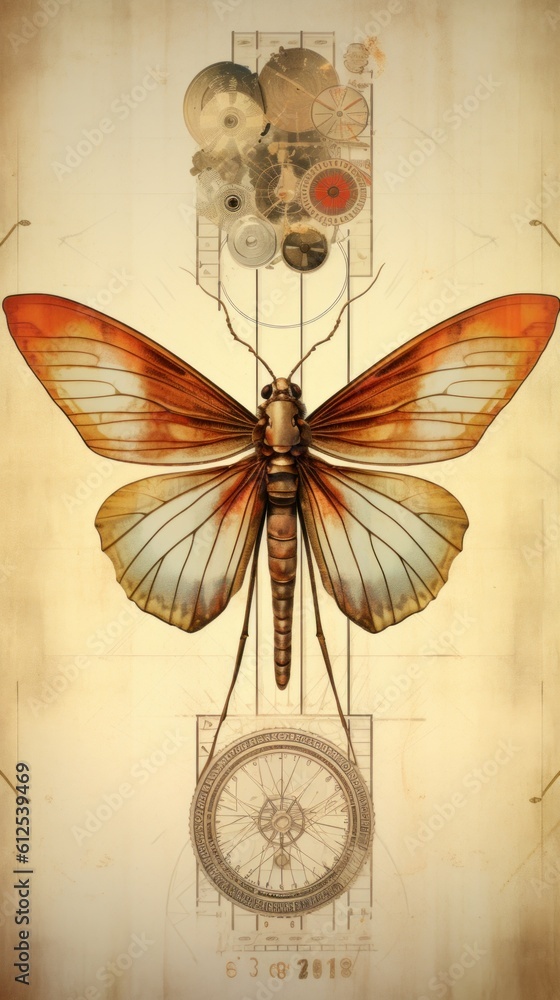 Aufkleber a drawing of a butterfly with a clock in the background. generative ai image.