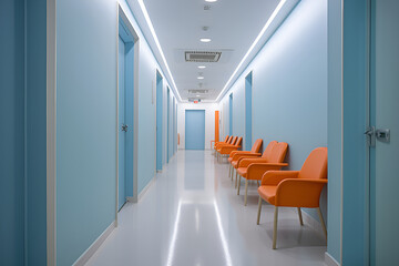 orange waiting chairs in blue long hall with doors in modern hospital. Free space for text. Generative AI
