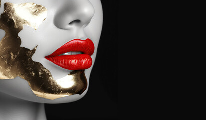 Closeup of woman lips with red lipstick isolated on black background with place for text. Cosmetic makeup image. Generative AI