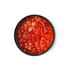 Red salmon caviar in a black tin can on a white background top view.