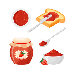Toast bread and jar of strawberry jam. Raspberries marmalade in a bowl. Top view. Sweet sandwich. Knife and spoon. Vector illustration isolated.