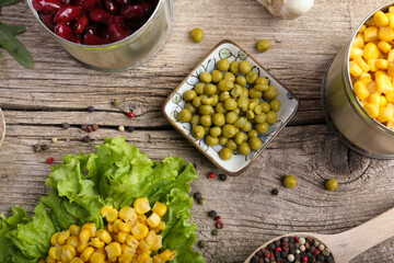 Canned corn, peas, beans