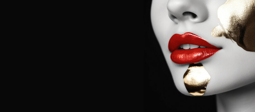 Closeup of woman lips with red lipstick isolated on black background with place for text. Cosmetic makeup image. Generative AI