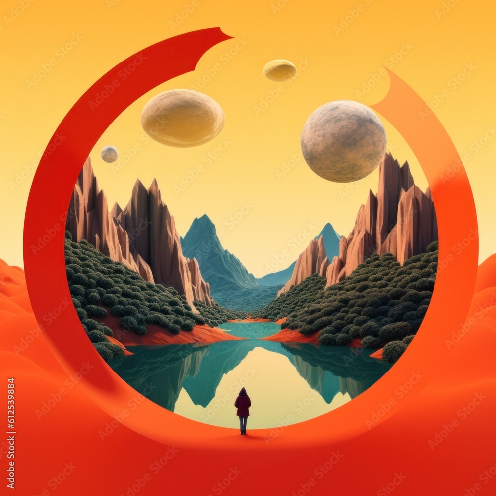 Aufkleber a man standing in front of a lake surrounded by mountains. generative ai image.