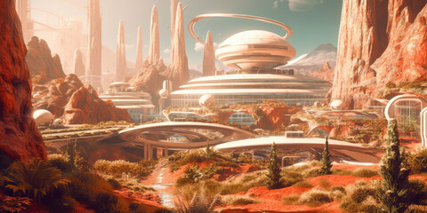 modern futuristic city on mars with plants